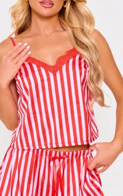 Red Stripe Contrast Lace Satin Cami Short PJ Set