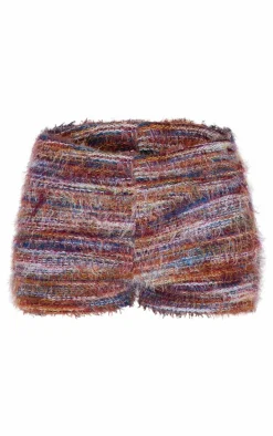 Red Stripe Eyelash Textured Fold Over Hot Pants