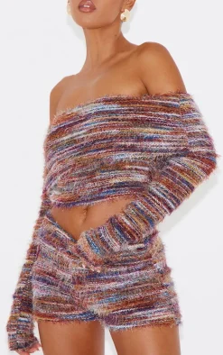 Red Stripe Eyelash Textured Foldover Bardot Top