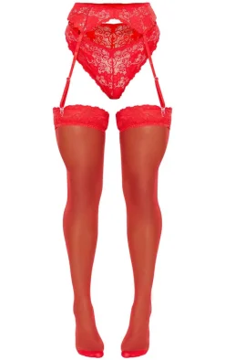 Red Suspender, Hold Up Stocking & Panties Set