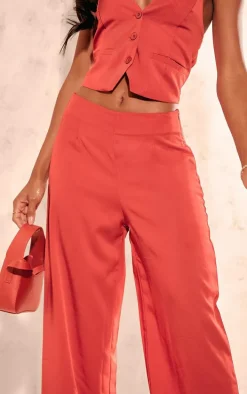 Red Tailored Mid Rise Wide Leg Pants