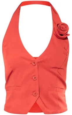 Red Tailored Rosette Detail Halterneck Vest