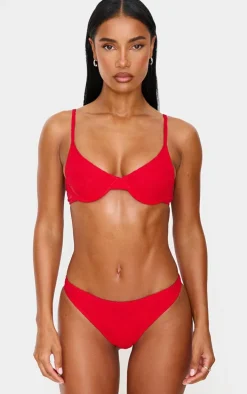 Red Textured Floral Underwired Bikini Top