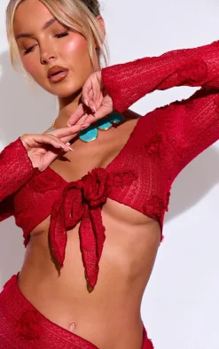 Red Textured Flower Trim Tie Front Beach Top