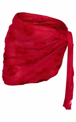 Red Textured Flower Trim Beach Sarong