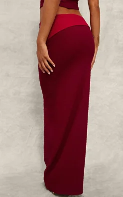 Red Textured Fold Over Maxi Skirt