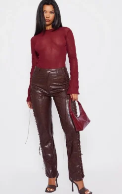 Red Textured Mesh Open Tie Back Detail Bodysuit