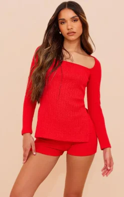 Red Textured Rib Long Sleeve Split Hem Longline Top