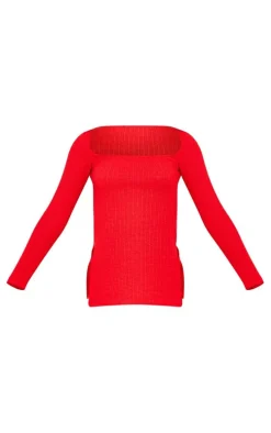 Red Textured Rib Long Sleeve Split Hem Longline Top