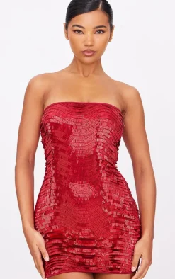 Red Textured Sequin Bandeau Mini Dress