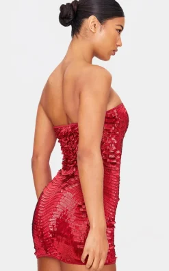 Red Textured Sequin Bandeau Mini Dress