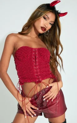 Red Textured Woven Lace Up Bandeau Crop Top