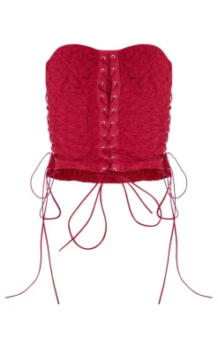 Red Textured Woven Lace Up Bandeau Crop Top
