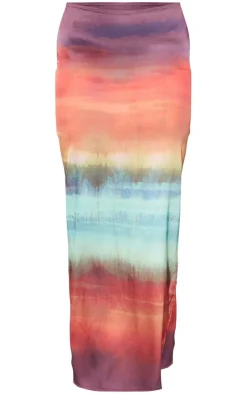 Red Tie Dye Printed Satin Low Rise Maxi Skirt