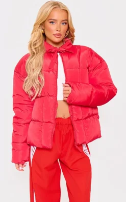 Red Tied Bow Detail Puffer Jacket