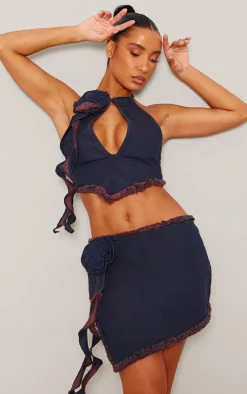 Red Tint Indigo Flower Denim Mini Skirt