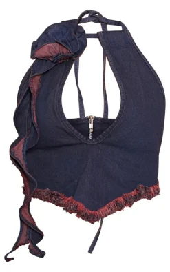 Red Tint Indigo Flower Halterneck Denim Top