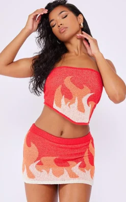 Red Towel Knit Flame Bandeau Top