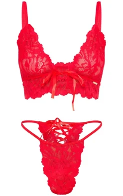 Red Triangle Lace Up Bum Lingerie Set