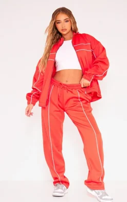 Red Tricot Oversized Contrast Piping Straight Leg Sweatpant