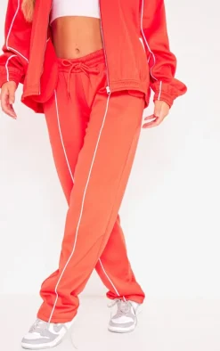 Red Tricot Oversized Contrast Piping Straight Leg Sweatpant