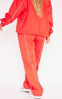 Red Tricot Oversized Contrast Piping Straight Leg Sweatpant