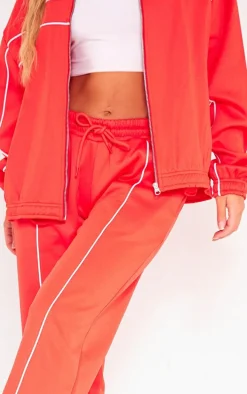 Red Tricot Oversized Contrast Piping Straight Leg Sweatpant
