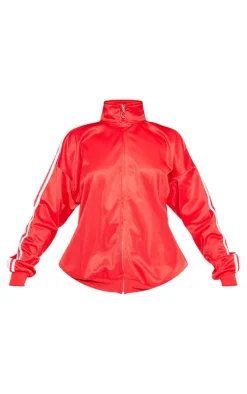 Red Tricot Sports Stripe Zip Through Top