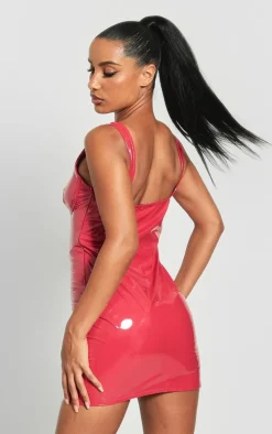 Red Vinyl Binding Cup Detail Bodycon Dress