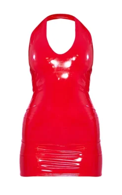 Red Vinyl Halterneck Bodycon Dress