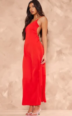 Red Woven Cami Backless Maxi Dress