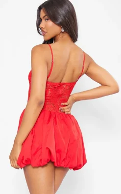 Red Woven Puffball Lace Mini Dress