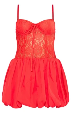Red Woven Puffball Lace Mini Dress