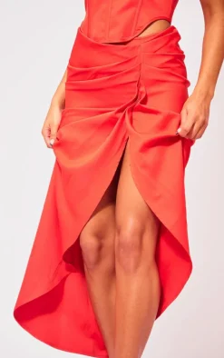 Red Woven Ruched Skirt Midaxi Skirt