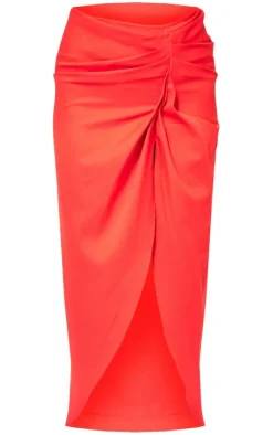 Red Woven Ruched Skirt Midaxi Skirt