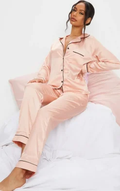 Rose Gold Contrast Piping Satin Long PJ Set