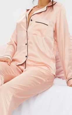 Rose Gold Contrast Piping Satin Long PJ Set