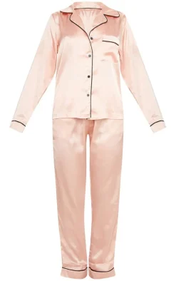 Rose Gold Contrast Piping Satin Long PJ Set
