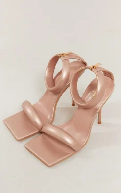 Rose Gold Pu Square Toe Padded Double Strap High Heeled Sandals