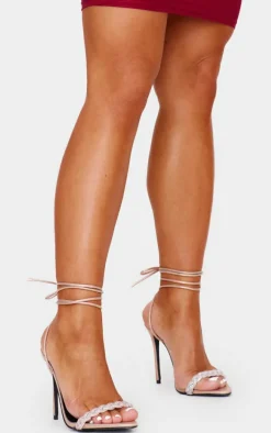 Rose Gold Round Diamante Plaited Strap Barely There Lace Up Sandals