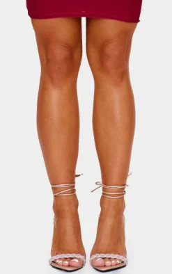 Rose Gold Round Diamante Plaited Strap Barely There Lace Up Sandals