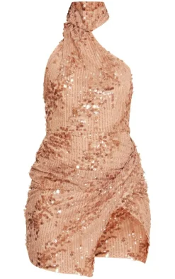 Rose Gold Sequin Halterneck Ruched Detail Bodycon Dress