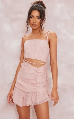 Rose Textured Tie Strap Corset Asymmetric Hem Bodycon Dress
