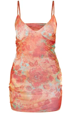 Rust Abstract Floral Mesh Shift Dress