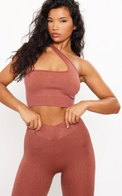 Rust Acid Wash Seamless Rib Strap Detail Sports Bra