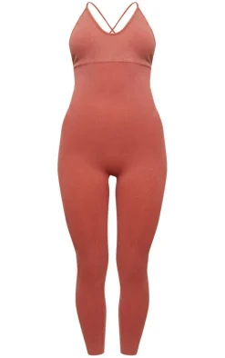 Rust Acid Wash Seamless Rib Strappy Long Unitard