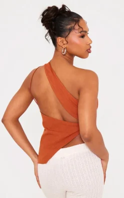 Rust Asymmetric Thin Strap Halter Neck Cami Top