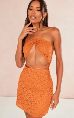 Rust Broderie Anglaise Cut Out Strap Detail Bodycon Dress
