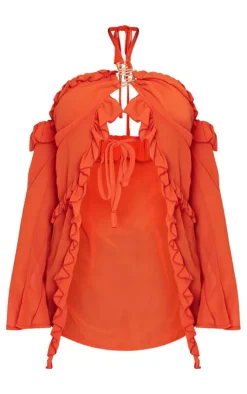 Rust Chiffon Frill Detail Hardware Detail Blouse