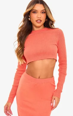 Rust Contrast Stitch Knitted Long Sleeve Top